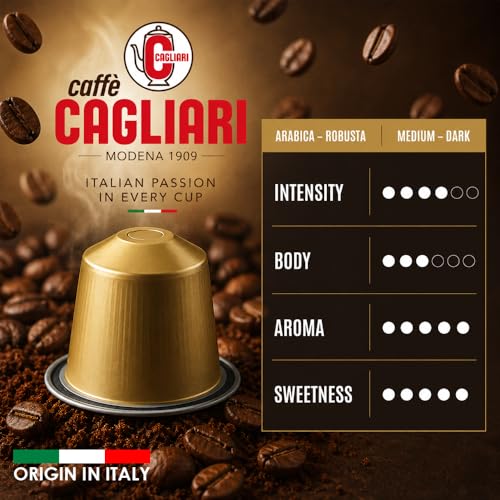 Image of Cafe Cagliari Aluminium Coffee Capsule 100% Arabica, Italy Origin|Intensity 6, Gran Caffe, Medium Roast| Nesspresso Compatible Coffee Capsule Pods, Pack of 10 Pods