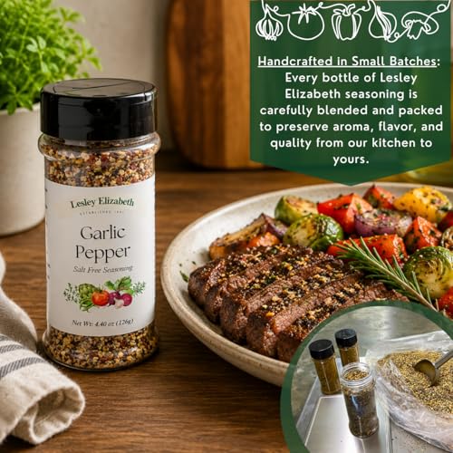 Image of Lesley Elizabeth Garlic Pepper Salt Free Seasoning - All-Natural Garlic & Black Pepper Blend | Salt-Free Spice for Chicken, Vegetables, Pasta & Gourmet Cooking