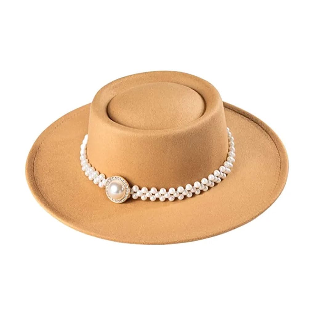 Cappello Fedora da donna in feltro a tesa larga vintage con cintura di perle a tesa larga Panama Trilby Cap