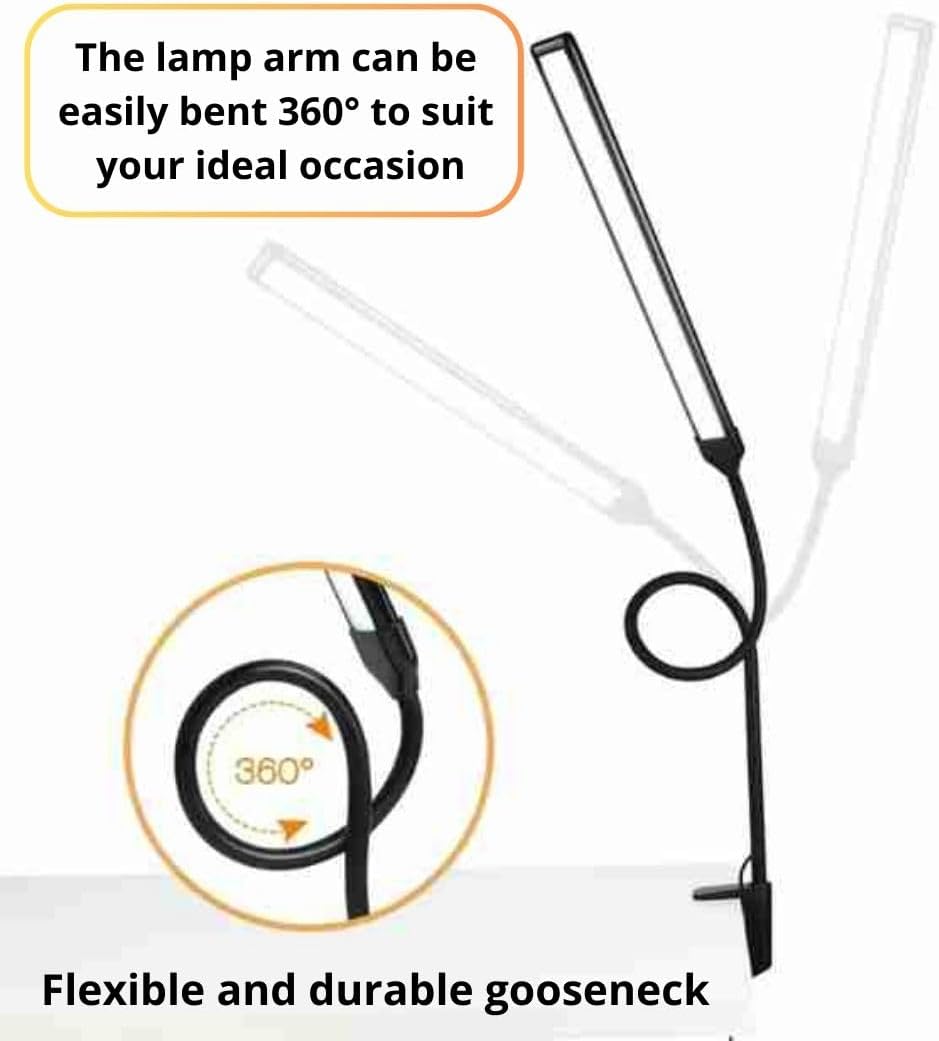 LED Desk lamp with Clamp, Eye Caring Clip,Desk Lamps for Home Office, Desk Light 3 Modes 10 Brightness, Long Flexible Gooseneck Led Lamp Office Lamp with USB Adapter