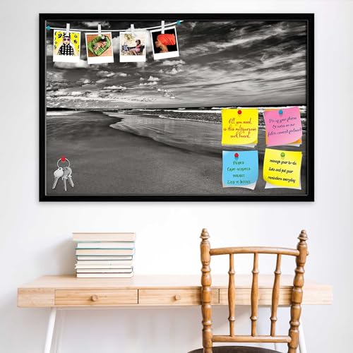 Image of ArtzFolio Sea, Air, & Land Monochrome Contrast | Bulletin Board Notice Pin Board | Vision Soft Board Combo with Thumb Push Pins & Sticky Notes | Black Frame | 23.5 x 16 inch (60 x 41 cms)