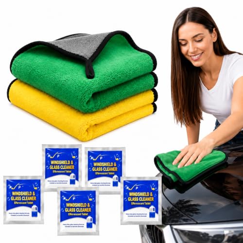 Image of 4 Pcs Microfiber Cleaning Cloth + 12 Pc Car Wash Powder Tabs, Heavy Duty Car Cloth Microfiber for Washing Drying Polishing, Reusable Dusting Cloth and Car Cleaning Cloth for Home Garage and Bike Use