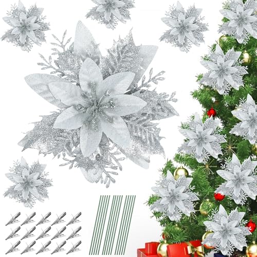 SULOLI 12 Pezzi Fiori per Albero Natale,Fiore Finti con Clip,Fiori Artificiali con Glitter Polvere per Decorazioni Natalizi,Ghirlanda (Argente)
