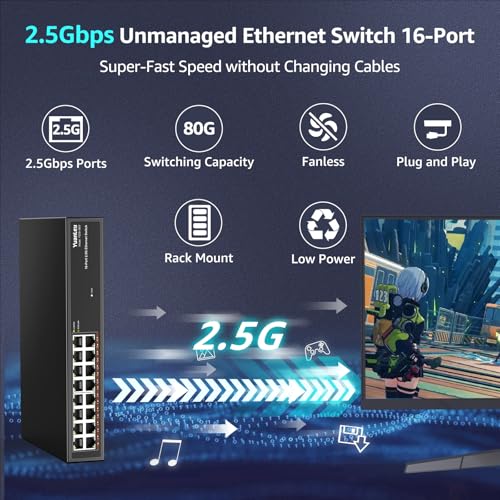 Image of YuanLey 16 Port 2.5GB Umanaged Ethernet Switch, 16 x 2.5G Base-T Ports, Compatible with 100 /1000 /2500Mbps, Metal Fanless, Desktop /Rack Mount YuanLey 2.5 Gigabit Network Switch for Wireless AP, PC