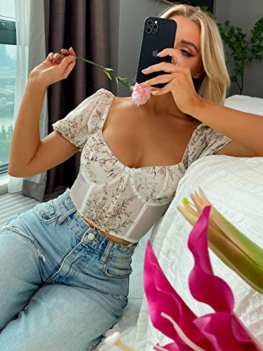 Milumia Women's Floral Puff Sleeve Bustier Crop Top Sweetheart Neck Corset Top A White Large #TOP5