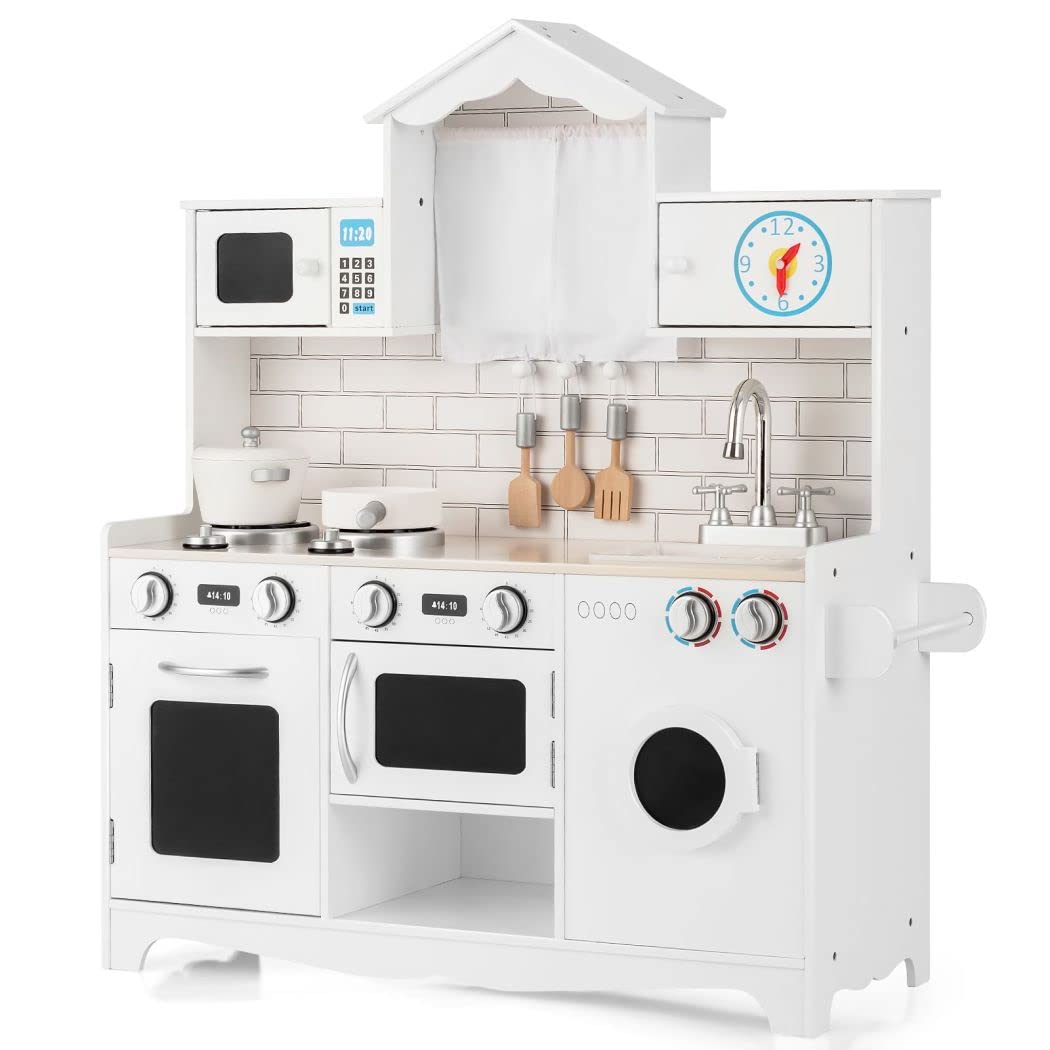 COSTWAY Kids Play Kitchen Set, Classic Wooden Pretend Cooking Food Set with Cookware Accessories, Stoves, Oven, Sink, Large Storage Children's Role Play for Girls Boys (White)