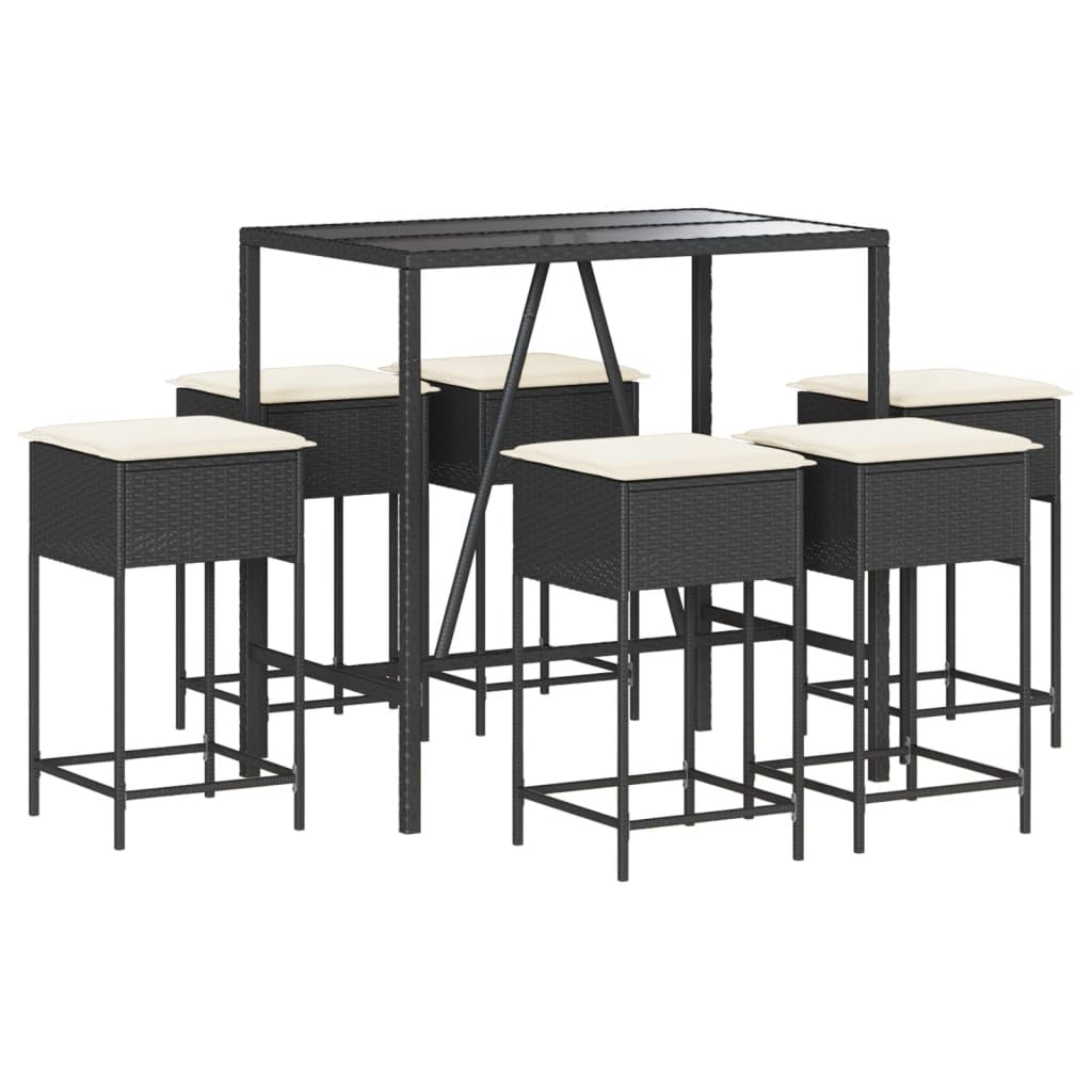 Ensemble de bar de jardin 7 pcs avec coussins noir poly rotin pour salon extérieur