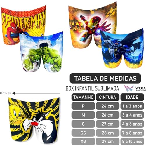 Kit 10 Cuecas Boxer Infantil Masculina Juvenil Box Menino Sublimada Personagens Wega (BR, Alfa, GG,