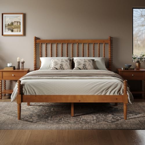 Image of AMERLIFE Queen Solid Wood Bed with Bobbin Spindle Headboard, Brown
