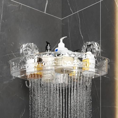 Image of Bathroom Corner Shelf for Wall with Strong Suction Cups - Transparent Acrylic Triangle Storage Rack with Utility Hooks, No-Drill Bathroom Organizer for Shampoo, Soap & Accessories (Round)