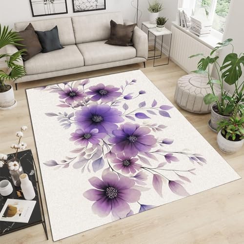 Tapis moderne violet doux et resistant motifs fleurs de style