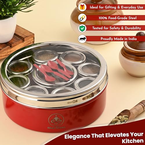 Image of 12-in-1 Stainless Steel Spice Box (Royal Red) | Masala Dabba with 8 Containers + 1 Divider (4 Sections) + 3 Spoons | Airtight Kitchen Organizer, Traditional Look