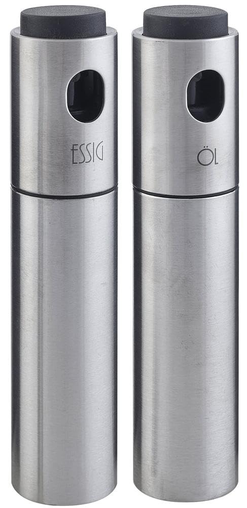 FMprofessional Essig-/Ölsprüher-Set 17,5 cm, Essigspender und Ölspender aus Edelstahl, Essigsprühflasche mit Kunststoffdruckknopf, praktische Ölsprühflasche, nützliches Essig- und Olivenölsprühgerät