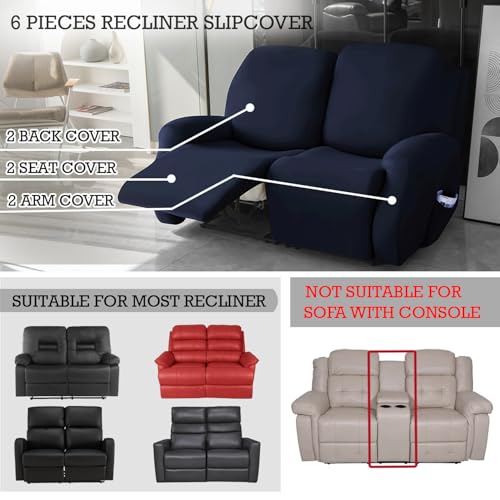 Image of HOKIPO 'SereneSolids' 140 GSM 6-Pieces Super Stretch Recliner Sofa Cover 2 Seater Fully Covered Washable Furniture Protector, Navy Blue (AR-4741-NBLU)