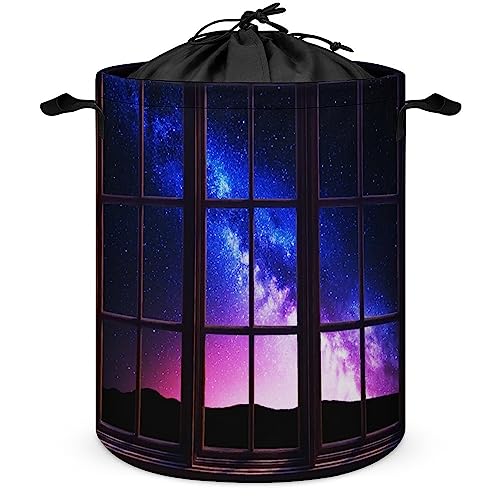 Fantasy Night Foldable Waterproof Laundry Basket Cool Blue Pink Galaxy Open Window for Dorm Family Travel One Size