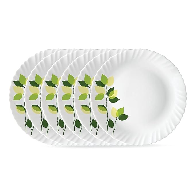Larah by BOROSIL Green Leaves 6 Pcs Opalware Plate Set (Dia - 10 inch), White