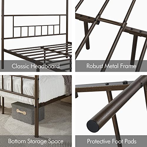 Yaheetech Metal Canopy Platform Bed Frame Four-Poster Canopied Bed Mattress Foundation With Headboard And Footboard Sturdy Slatted Structure No Box Spring Needed Easy Assembly Queen Bronze #TOP4