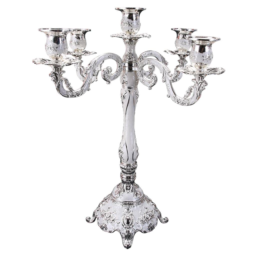 Candeliere a Colonna in Metallo, Elegante Regalo di Nozze, Raffinata Decorazione da Tavola in Stile Europeo, Portacandele a 3/5 Teste, Regalo per L, 5 Braccia Argento