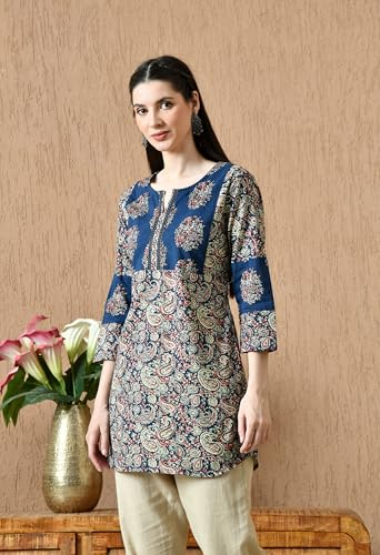 Image of Amazon Brand - Tavasya Women Floral Printed Round Neck Kurta | Everyday Ethnic Wear | 3 /4th Sleeve Top