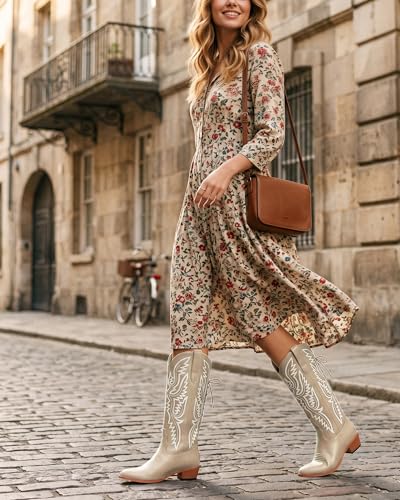 Image of Uillnoodu Wide Calf Cowboy Boots Women Adjustable Lace Up Knee High Tall Plus Size Cowgirl Boots Western Style Comfortable 2-Inch Heel