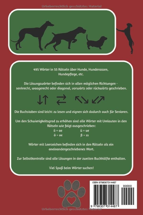 Hunde Wortsuchrätsel für Jugendliche, Erwachsene und Senioren: Wörter suchen mit einfach zu lesender Schrift über Hunde, Hunderassen, Hundepflege, ... Geschenk, für den Urlaub / eine kleine Pause