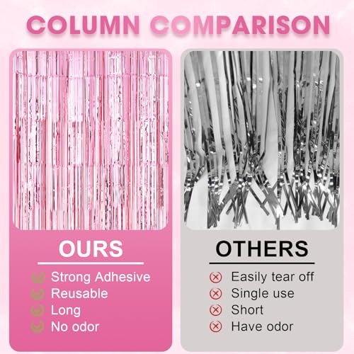 Image of Voircoloria 2 Pack Light Pink Foil Fringe Backdrop Curtains, Tinsel Streamers Birthday Party Decorations, Fringe Backdrop for Valentines Day Decorations, Disco Party, Princess Pink Bow Party