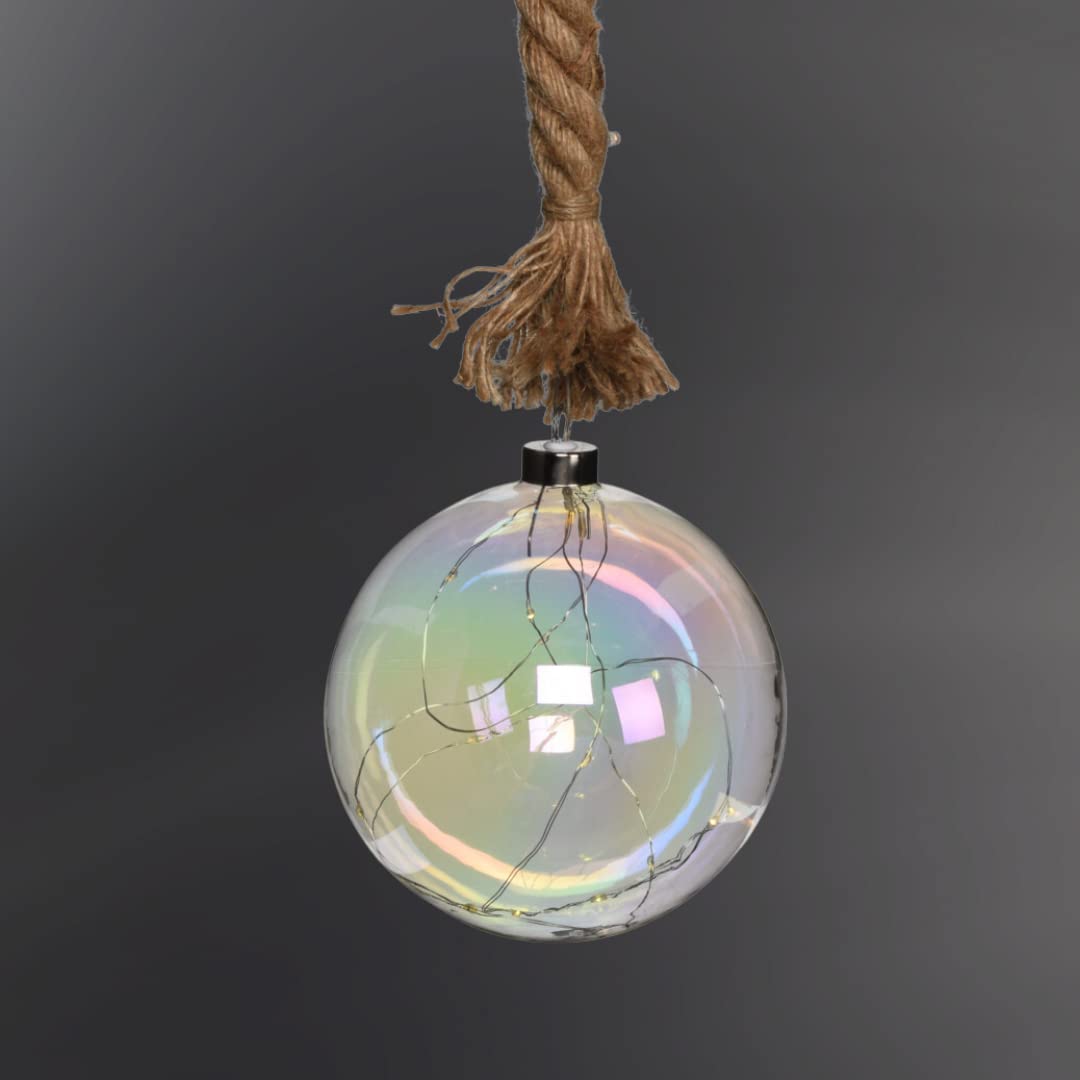 Urbnliving Iridescent Led Light Up Glass Ball Orb Globe On 1M Brown Jute Rope With Timer Décor Xmas (, 15Cm)