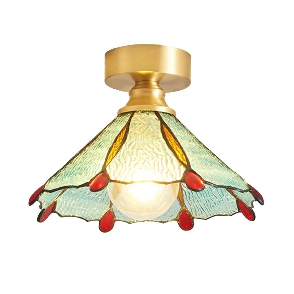 YGZPALH Gold Metal Ceiling Light, French Retro Style Entryway Stained Glass Light Fixture Small Schoolhouse Style Semi Flush Mount Ceiling Light E26 Fixtures for Bedroom Hallway Indoor Lighting