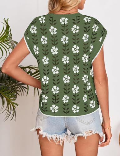 Image of ZESICA Women's Summer Trendy Knit Top 2026 Floral Print Short Sleeve Crewneck Loose Fit Sweater Vest Going Out Clothes