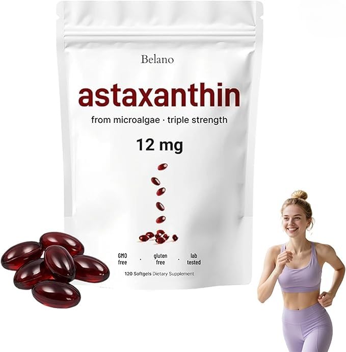 Cápsulas Blandas de Astaxantina 12mg, Apoyo Nutricional de Microalgas Naturales para Ojos, Piel y Articulaciones, 120 Unidades (1 Embalaje)