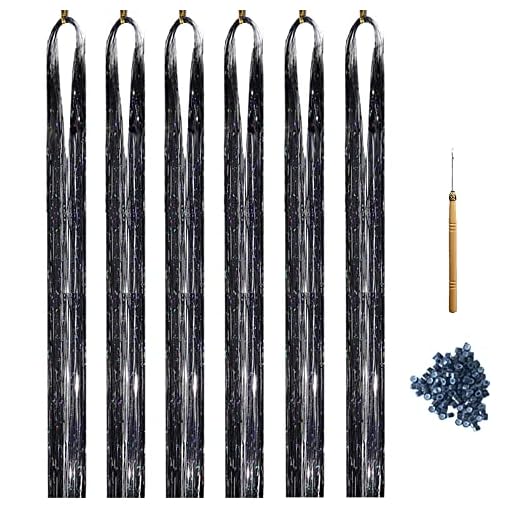 Hair Tinsel Kit, 47 Inches Glitter Heat Resistant Tinsel Hair Extensions Tensile with Hair Beads Wigs Tools & Accessories Tools Gift Set for Halloween Christmas Decoration Women Girls (BLACK)