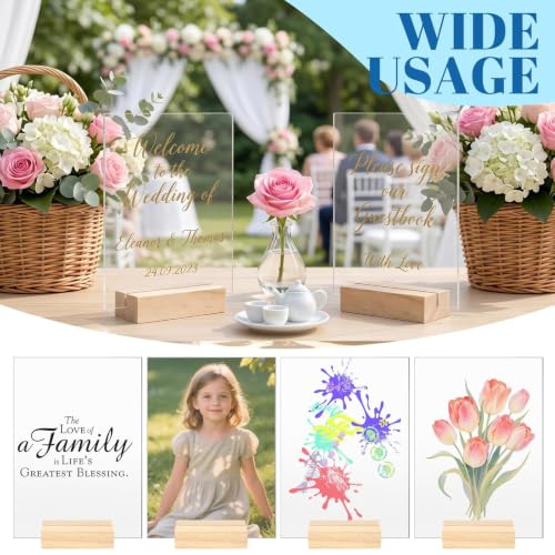 Image of Bercoor 5 Pack 5x7 Inch Blank Clear Acrylic Sign with Wooden Stands, Rectangle Top Acrylic Sheet, DIY Acrylic Rectangle Table Numbers for DIY Name Card Gifts Event Party Sign Decoration