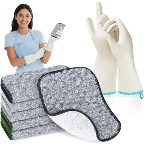 XIBIGEYE Upgrade 3-in-1 Non Scratch Wire Dishcloth with Nitrile Gloves, 7 Pack Multipurpose Kitchen Home Cleaning Rags Kit Replaces Steel Wool Scrubber for Cookware, Sink, Dishes, Stove Top - M