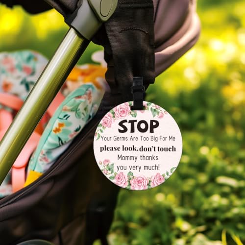 Image of 2 Pack Rose Flower Style Do Not Touch Signs Greenery Stop No Touching Car Seat Sign Stroller Tag with Hanging Strap and Clip Durable Car Safety Signs Tags for Car Accessories 5 Inches