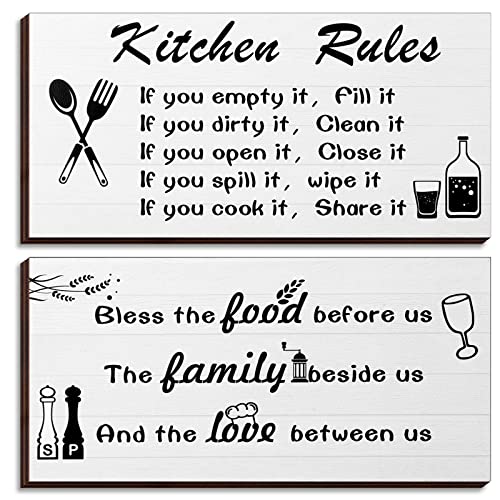 2 Pcs Kitchen Rules Wall Decor Farmhouse Kitchen Sign Wooden Dining Room Decor Black and White Hanging for Rustic Modern Bathroom Christmas
