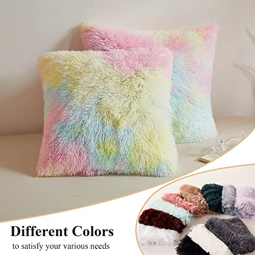 Xege Rainbow Faux Fur Throw Pillow Covers, Tie Dye Multicolor Shaggy Decorative Pillow Cushion Cover, Luxury Fluffy Plush Pillow Cases For Sofa Bed Zipper Closure, Pack Of 2(18''X18'', Rainbow) #TOP6