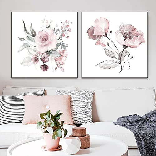 Tableau fleur rose abstrait pour salon moderne | Déco murale scandinave 50x50 cm
