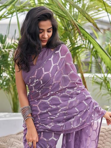 Image of Satrani Women's Georgette Sequence Work Saree with Unstitched Blouse Piece