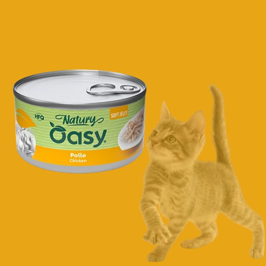 Oasy - Mascotas húmedas para gatos naturales con sabor a pollo, suaves pelusas naturales de Soft Jelly para gatos adultos de todos los tamaños y razas | 24 latas de 85 gramos cada una.