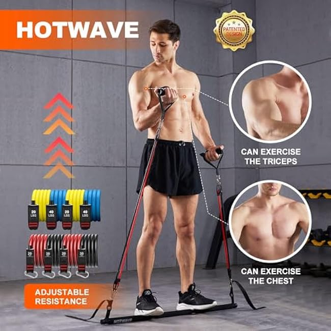 HOTWAVE Pilates Bar Kit with Resistance Bands,Ab Roller for Abs Workout, Squat Machine,Core Strength Training Equipment,Portable Home Gym for Men and Women