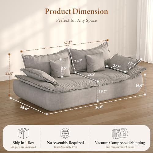 Image of Vesgantti 86.6 inch Cloud Couch for Living Room, Modern 3 Seater Sailboat Sofa with Deep Seat, Comfy Chenille Upholstered Boneless Couch with Curved Armrest, No Assembly Required, Light Grey