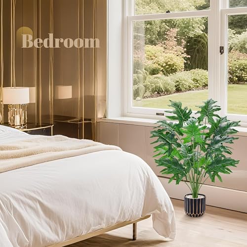 Image of Der Rose 28 inch Artificial Plants Indoor, Philodendron Plant in Black Gold Pot