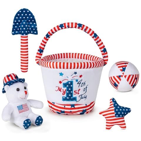 NILUTO American Flag Toy and USA Plush Playset My 1st Independence Day Plush - My 1st 4th of July Baby Toys - Soft Plush Sand Bucket with 4 Sensory Infant Toys Perfect for Small Hands Cover