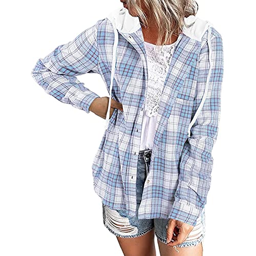 INFITTY Women's Buffalo Plaid Hoodie Long Sleeve Jacket Button Drawstring Casual Fall Shirts with Pocket