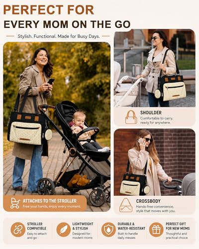 Image of FHELAD Diaper Bag Tote for Women, Baby Diaper Bag 16L (Black-White) | 5 Insulated Pockets, Changing Pad, Pacifier Case, Stroller Clip, 15.6 Inch Laptop Compartment, Detachable Shoulder Strap