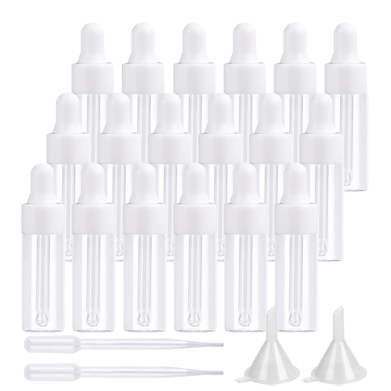 100 Pezzi Piccolo Bottigliette Contagocce di Vetro Trasparente da 5 ml,Vuote Mini Bottiglia di vetro con Bianco pipetta, pipetta per Oli Essenziali, Laboratorio, Olio Essenziale, Aromaterapia