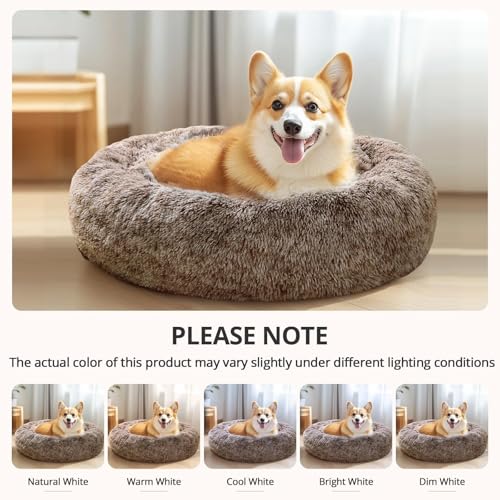 Image of JOLLYVOGUE Calming Dog Bed Medium Size Dog, Anti-Anxiety Donut Medium Pet Bed, 27 inches Fluffy Faux Fur Round Cat Bed (Smoke Brown)