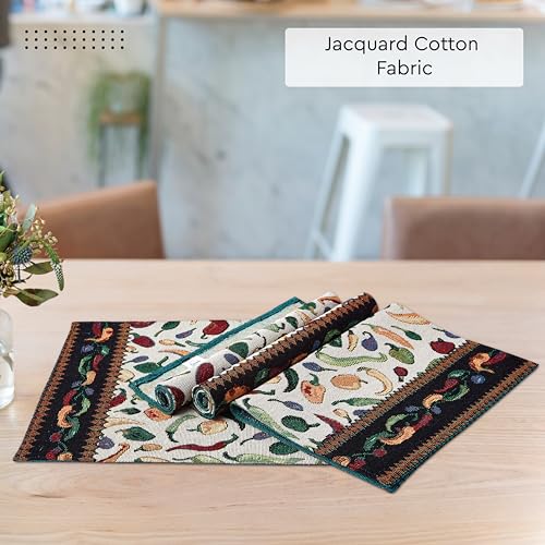 Image of Encasa XO Boho Jacquard Woven Dining Table Placemats, Vintage Chilies | Tapestry Style | Machine Washable | Stain & Heat Resistant | Non-Fading Non-Shrink Fabric | Set of 4