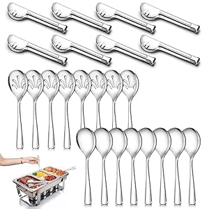 24 Pack Stainless Steel Large Serving Utensils Set – 10″ Serving Spoons x 8, 10″ Slotted Spoons x 8, and 9″ Serving Tongs x 8 by Teivio, for Buffet, Chafing Dish, Catering Supplies (Silver)