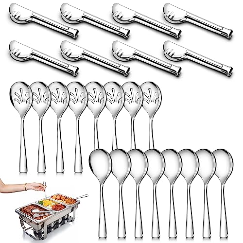 24 Pack Stainless Steel Large Serving Utensils Set – 10″ Serving Spoons x 8, 10″ Slotted Spoons x 8, and 9″ Serving Tongs x 8 by Teivio, for Buffet, Chafing Dish, Catering Supplies (Silver)